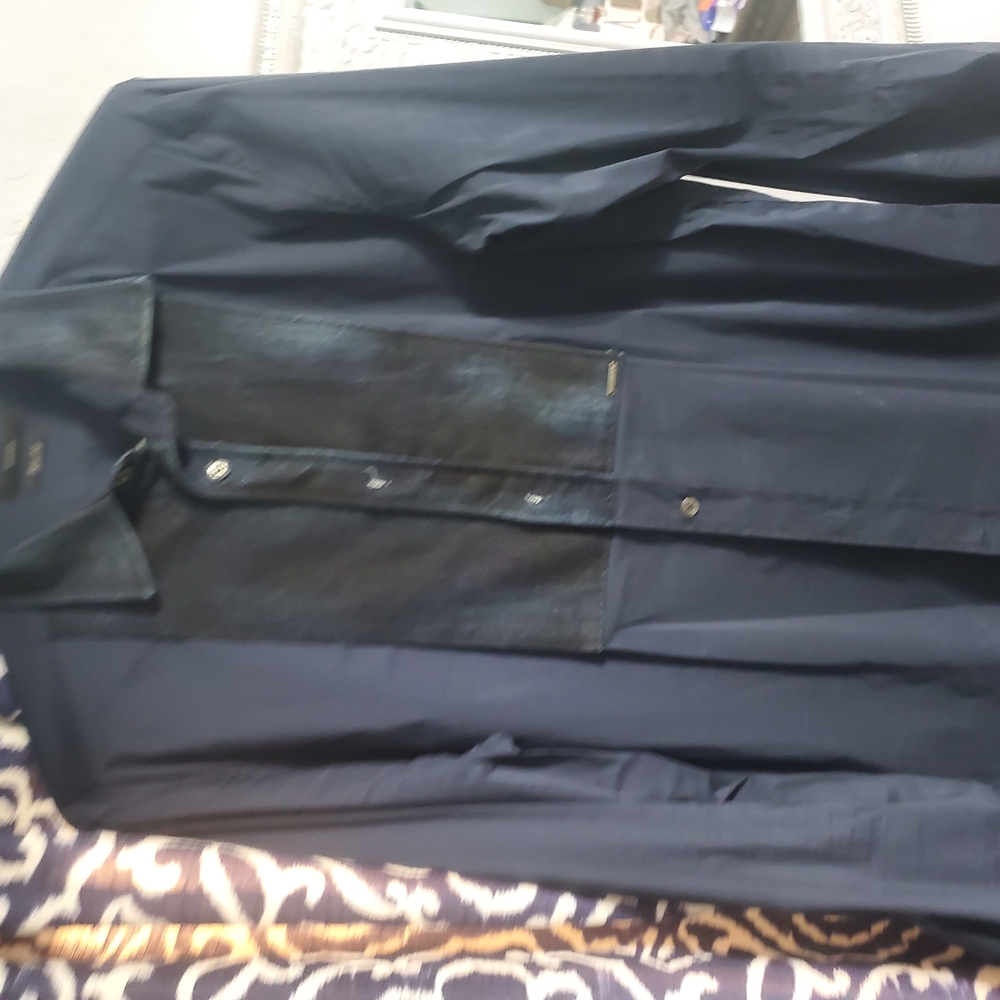 Large Navy BlueButton-Up Shirt with Denim Detail